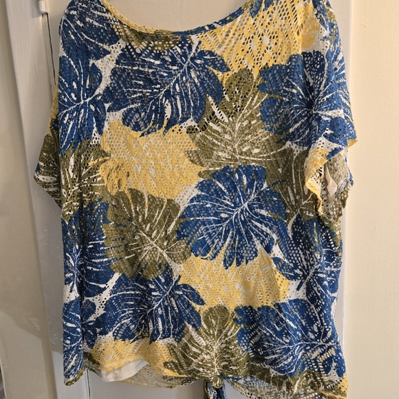 Boho Tropical Multi Color Leaf Print Blouse W Front Tie And Gold Neck Design 3XL - Picture 9 of 11